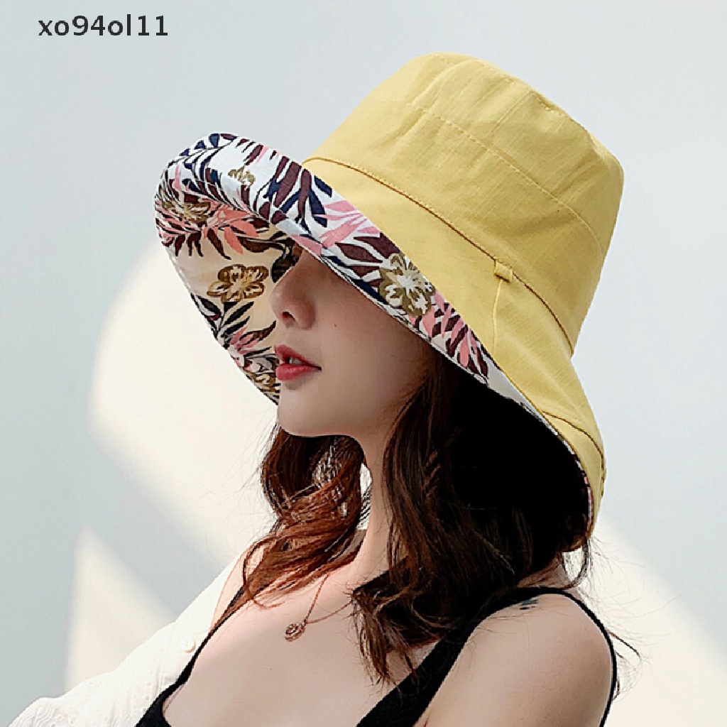 Xo Topi Pelindung Matahari Ember Sisi Ganda Pinggiran Lebar Anti UV Wanita OL