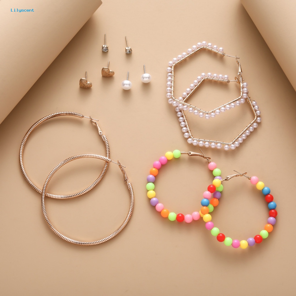 Lilyscent 6pasang Anting Lingkaran Geometris Hadiah Hari Valentine Wanita Hoop Earrings Ear Jewelry Temperamen