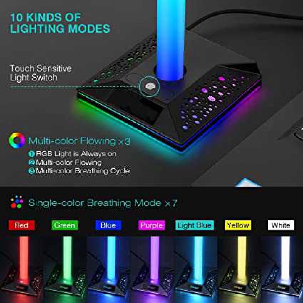 Gantungan Headphone Gaming Stand Hanger LED RGB 2 Port USB Jack 3.5