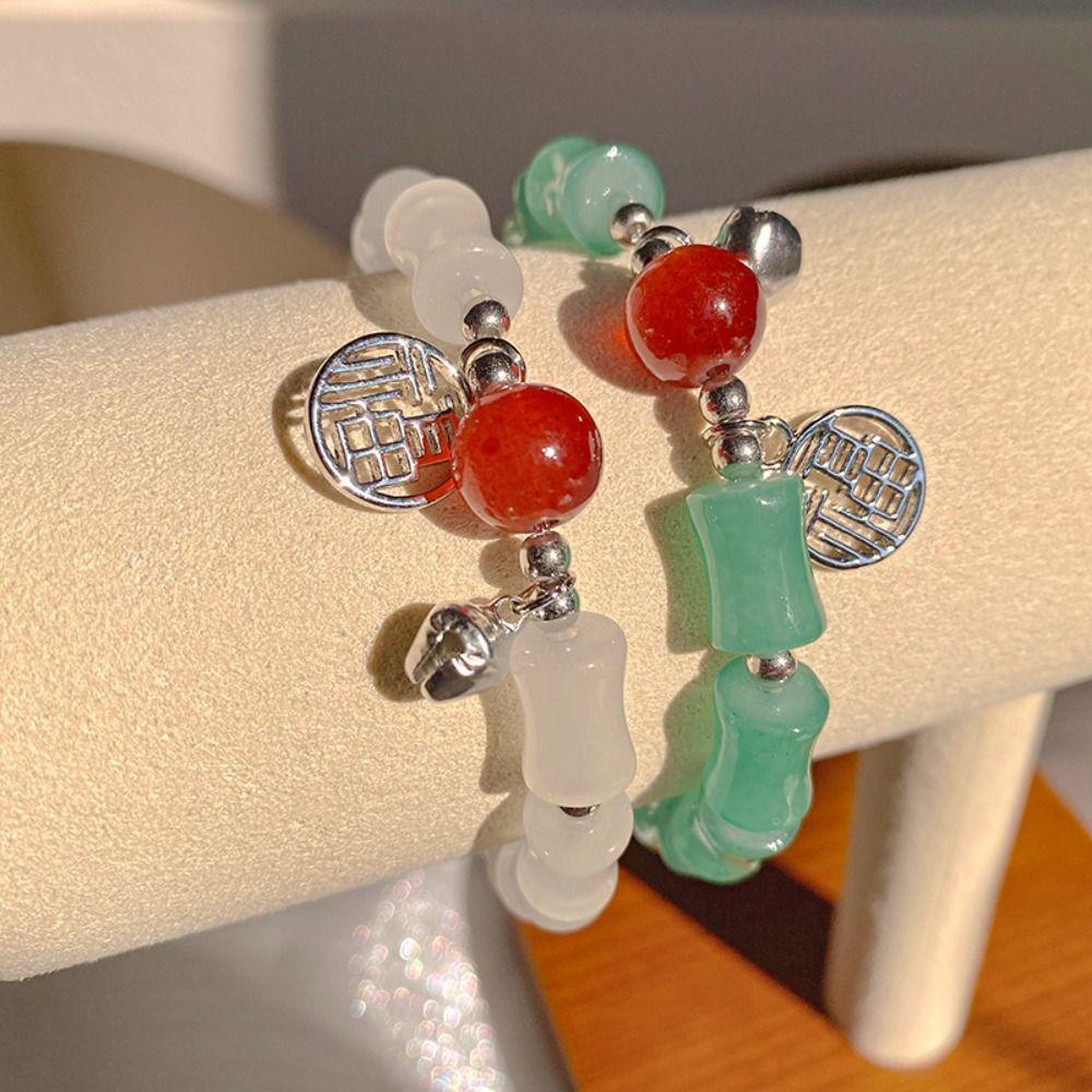 Needway Wanita Gelang Perak Bola Liontin Pesta Pernikahan Berkah Elastis Imitasi Giok Tradisional Indah Klasik Paduan Berwarna Glasir Bangle