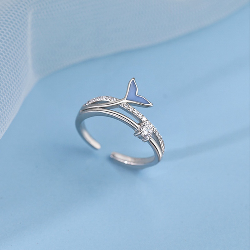 Papaozhu Bergaya Berkilau Kristal Biru Fishtail Terbuka Cincin Untuk Wanita Gadis Chic Bersinar Zirkon Buku Jari Cincin Kepribadian Perhiasan