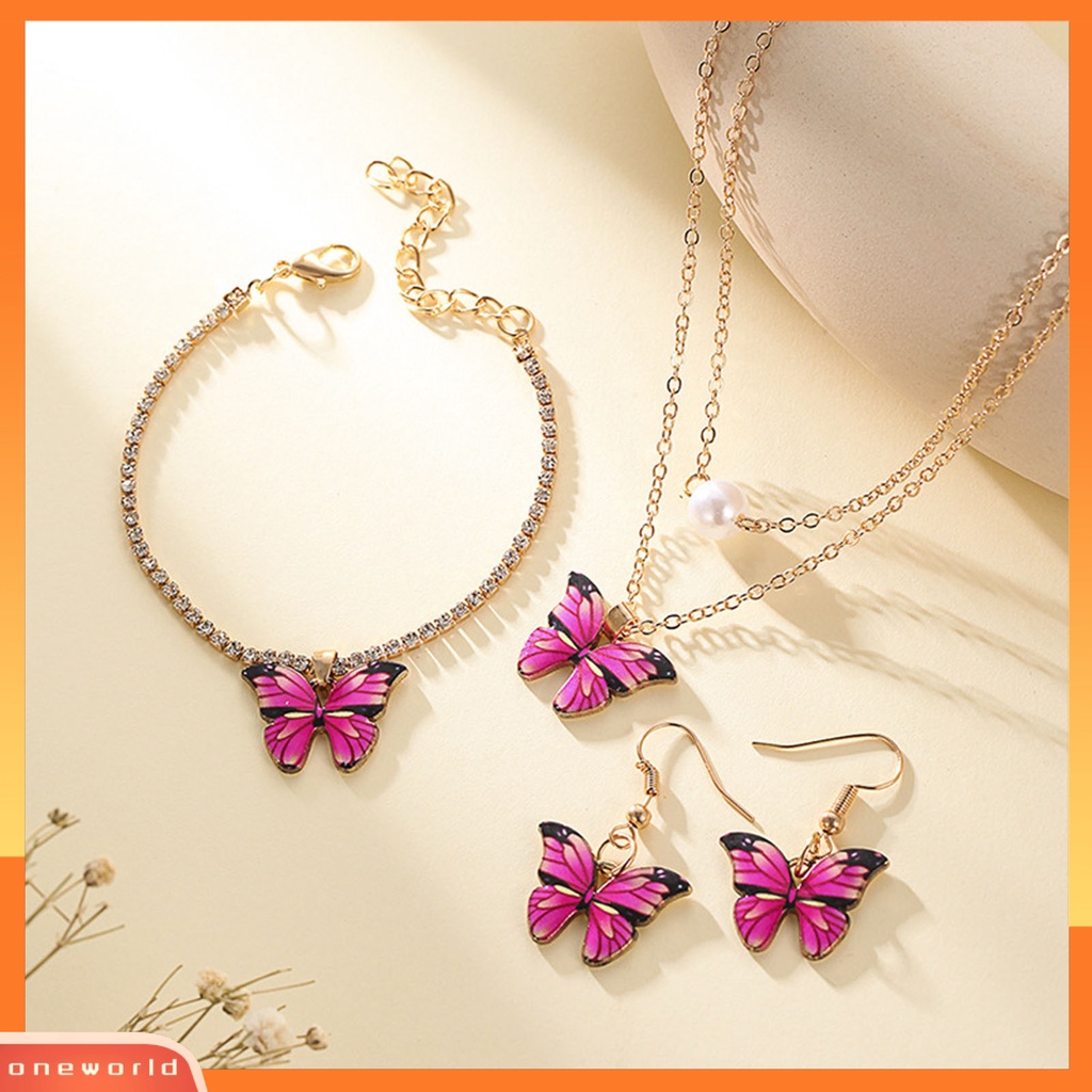 [ONE] 3 Pcs/Set Perhiasan Pesta Mutiara Imitasi Merah Muda Tua Kupu-Kupu Electroplating Jewelry Set Kalung Anting Gelang Wanita Aksesori