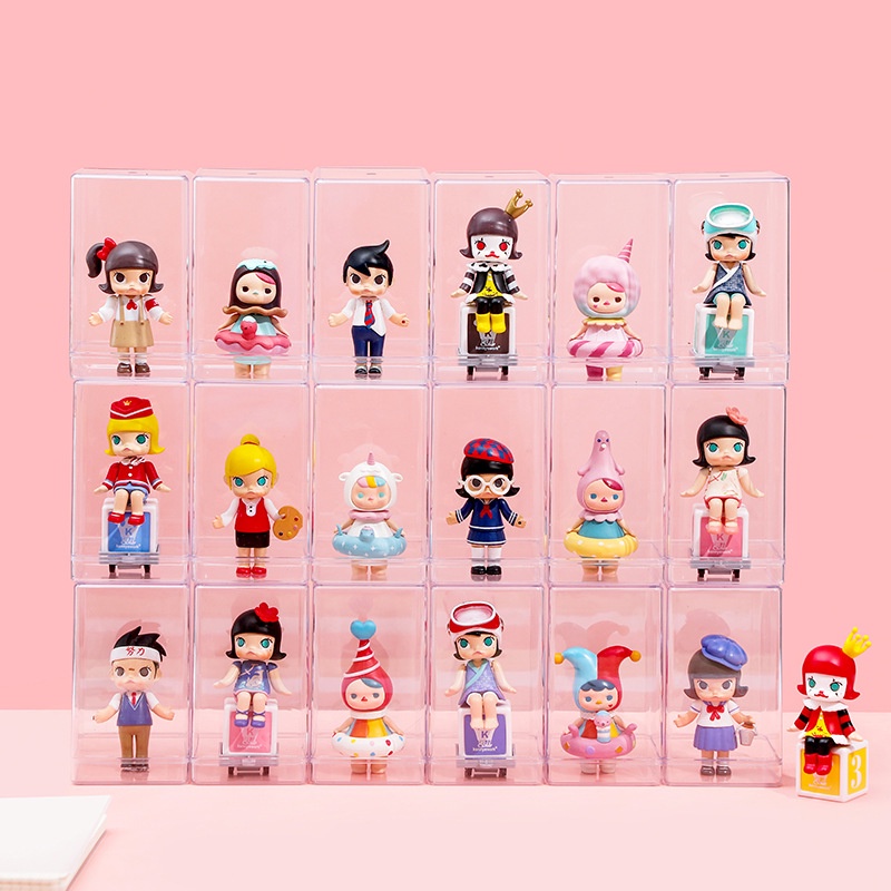 Kotak Penyimpanan Boneka Mainan Plastik Transparan Mini Tahan Debu/Stackable Cartoon Handcraft Display Case/Kotak Koleksi Patung Seni Rumah