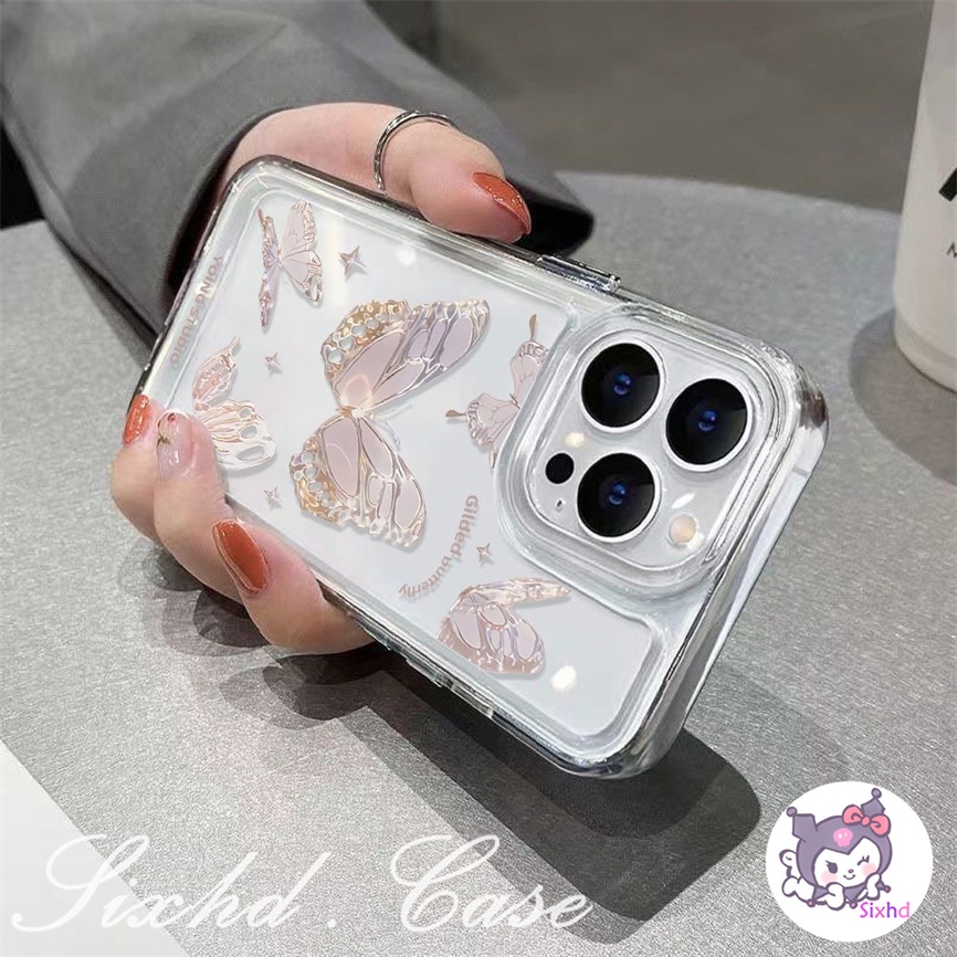 IPHONE Kompatibel Untuk Iphone14 13 12 11 Pro Max SE 2020 X XR Xs Max7 8 6 6s Plus Bening Fashion Gilded Butterfly Kamera Perlindungan Ponsel Case Lembut TPU Cover