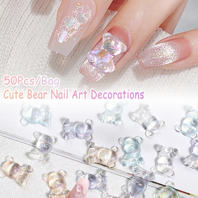 [Unggulan] 50pcs/bag Mix Warna Kuku Beruang Lucu Art Dekorasi Aurora Resin 3D Nail Art Ornamen Untuk Ujung Kuku Manicure UV Gel Polish Decor DIY Aksesoris Manicure Glitter Stone