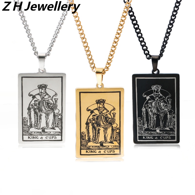 Z H Perhiasan Vintage Waite Tarot Suci Grail Raja Liontin Fashion Pria Anti Karat Kalung Hip Hop Baja Titanium Aksesoris Pesta