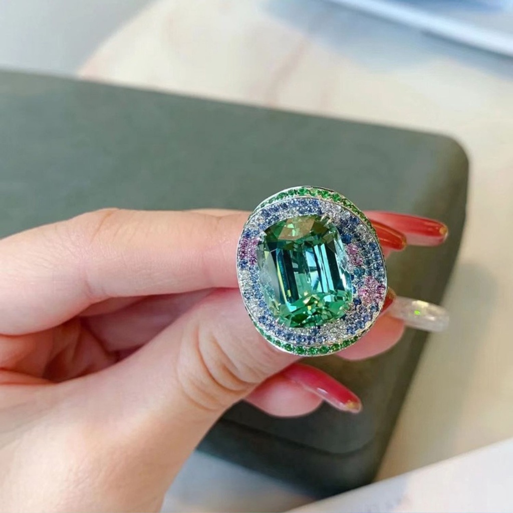 Goldkingdom Aksesoris Perhiasan Fashion Ready Stock French Retro Mint Green Tourmaline Ring Mewah Dan Dipotong Halus Dengan Berlian Hijau.