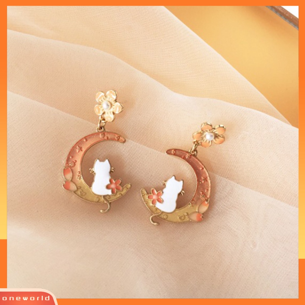 [EONE] 1pasang Anting Pejantan Kartun Pola Bunga Sederhana Geometris Electroplating Hias Warna Yang Sesuai Dengan Wanita Bulan Sabit Kelinci Lucu Menjuntai Anting-Anting Aksesori Fashion