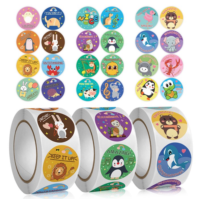 

Stiker Reward Motivasi Guru Anak Motif Kartun Hewan diameter 2,5 cm 500pcs/ Roll