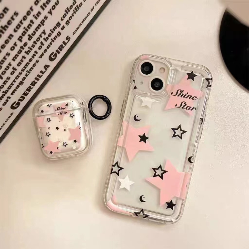 IPHONE Ins Star Phone Case Cocok Untuk Iphone14 14pro 14plus 13 13mini 13pro 13prm iPhone12 7Plus 8Plus Xr XS 13 12mini Pro Max Empat Sudut Casing Ponsel Transparan Tahan Guncangan