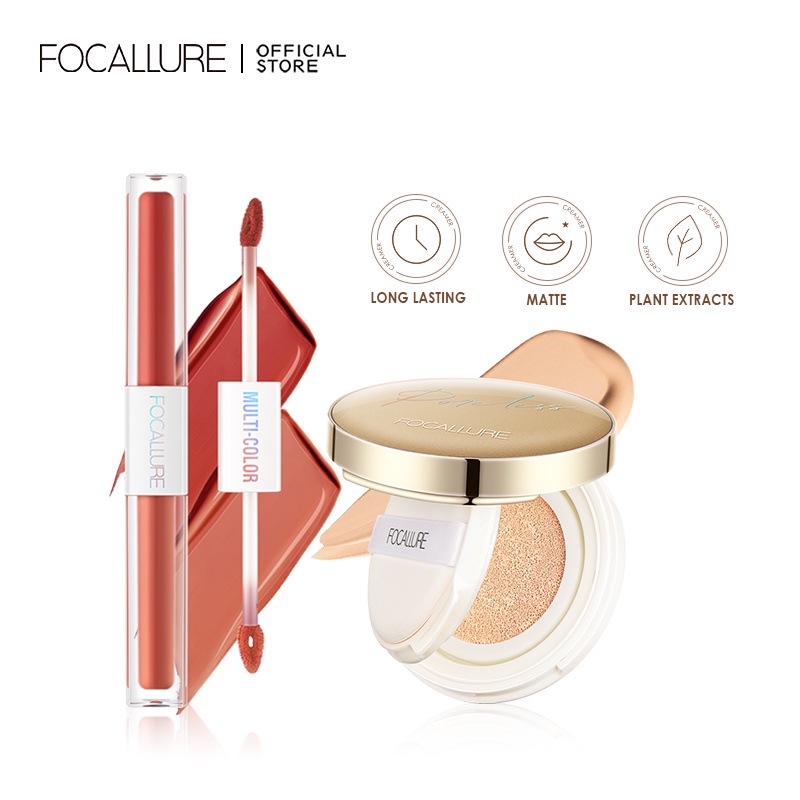 FOCALLURE 2PCS Makeup Beauty Sets Poreless BB Cushion &amp; 2 IN 1 Matte Lipstick