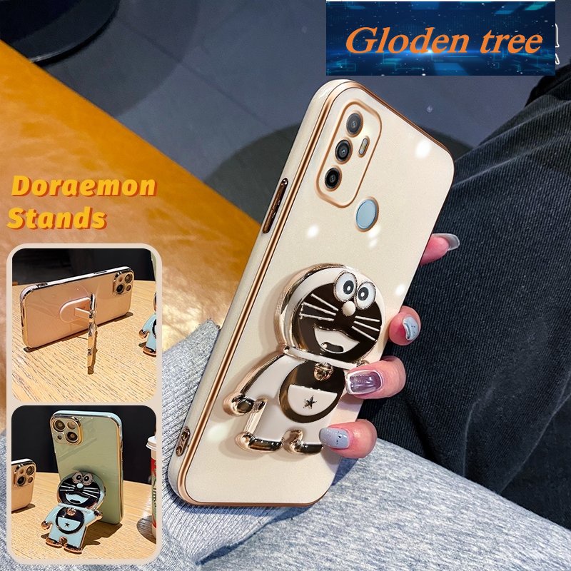 Casing Pohon Gloden Untuk OPPO A53 2020 A53s A32 A33 2020 A11S Case Fashion Kartun Doraemon Stand Lipat Casing Ponsel Electroplating Shockproof Phone Holder Case