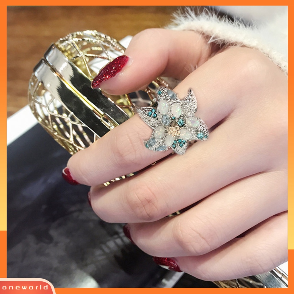 [EONE] Wanita Cincin Vintage Oval Imitasi Opal Geometris Bersinar Anti Luntur Dekorasi Hadiah Anniversary Wanita Dua Warna Bunga Pesta Cincin Perhiasan Untuk Pacar