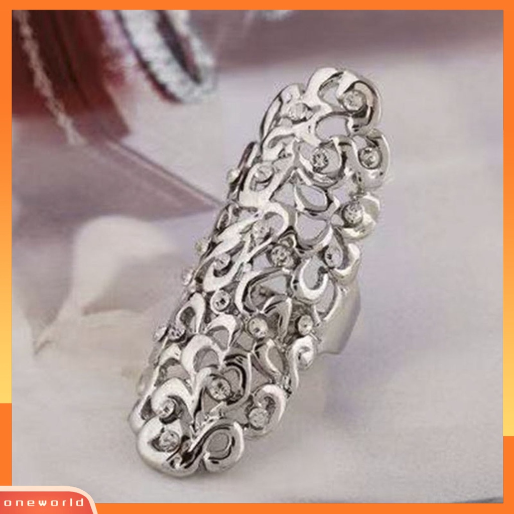 [EONE] Knuckle Ring Vintage Berlebihan Berongga Keluar Geometris Berlian Imitasi Dekorasi Electroplating Fashion Retro Ukiran Cincin Panjang Perhiasan Aksesoris