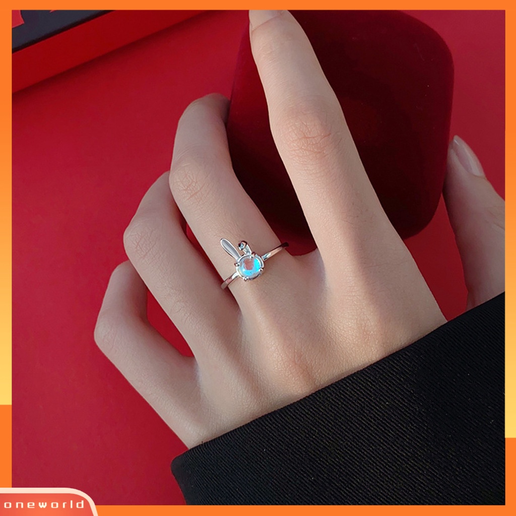 [EONE] Jari Band Kristal Imitasi Geometris Kilau Terang Mengkilap Poles Dekorasi Indah Minimalis Faux Moonstone Rabbit Rings Fashion Perhiasan