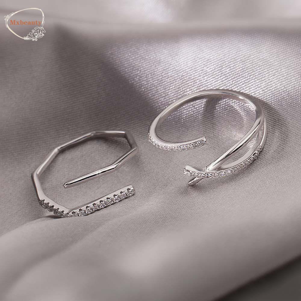 Mxbeauty Cincin Zircon Fashion Adjustable Garis Paralel Silang Warna Perak Berlian Gaya Korea