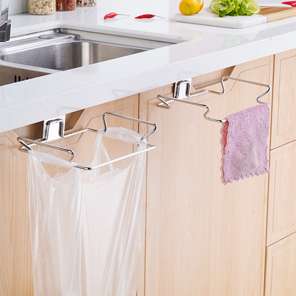 Over Cabinet Trash Bag Holder Laci Tempel Tempat Kantong Sampah Stainless Steel Wadah Sampah Lemari Kain Handuk Rak Gantung Doorback Payung Holder Organizer Dapur