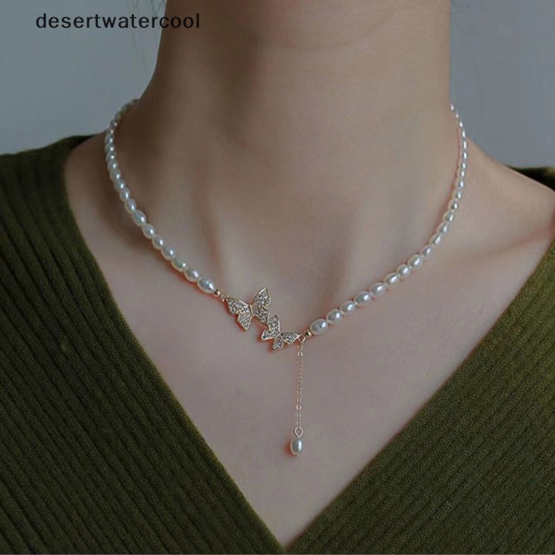Deid Musim Panas Ganda Berlian Imitasi Kupu-Kupu Kalung Fashion Putih Imitasi Mutiara Choker Kalung Untuk Wanita Gadis Pesta Pernikahan Perhiasan Martijn