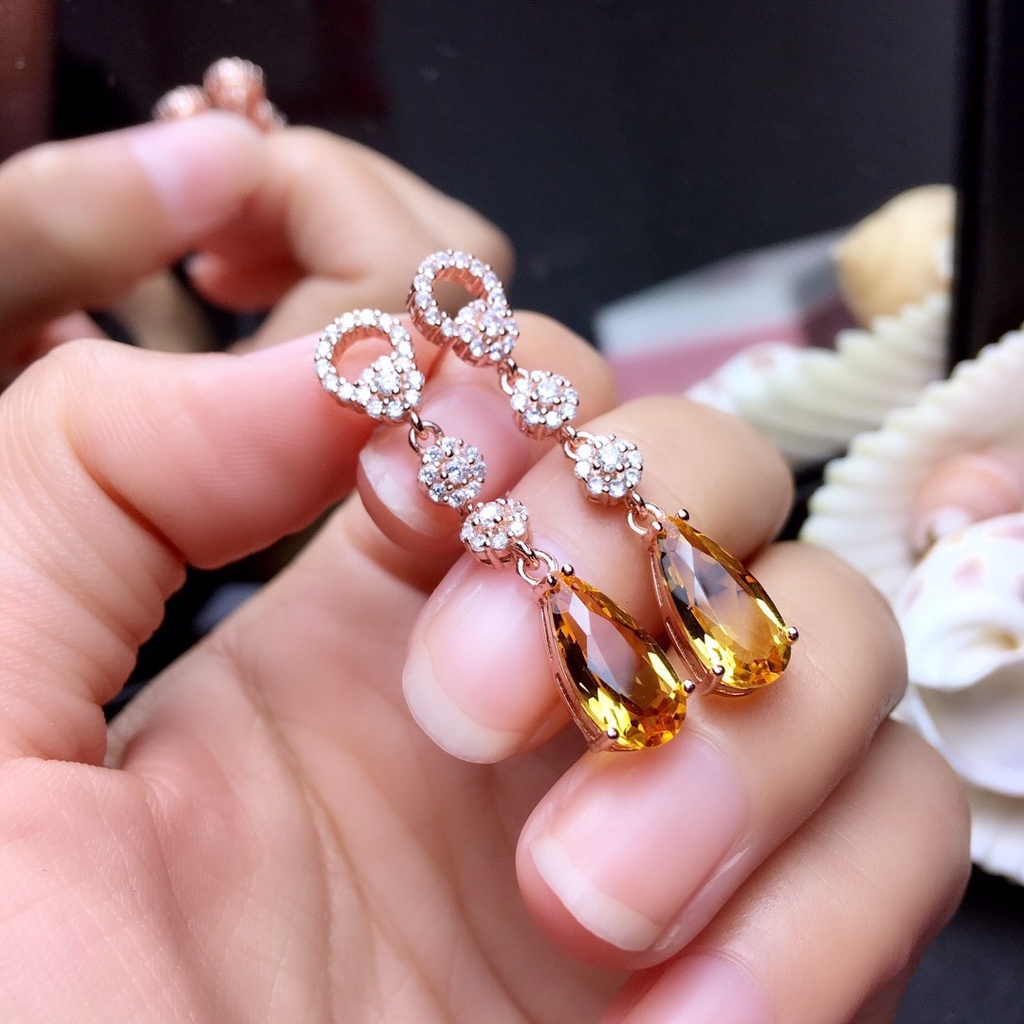 Goldkingdom Aksesoris Perhiasan Fashion Ready Stock Butik Anting Kecubung, Perempuan Berlian Bertatahkan, Berlian Kuning Keuangan Anting Panjang