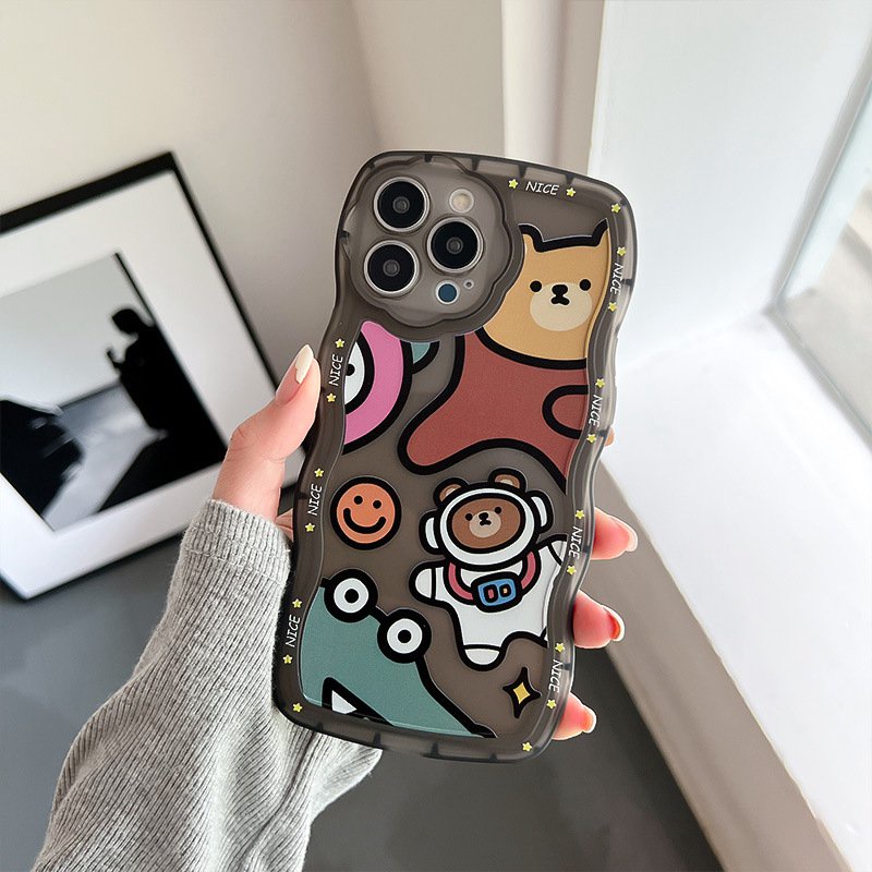 【Flower Camera】Astronaut Bear Soft TPU Case HP iP iPhone 11 12 13 14 Pro Max 7 8 + Plus SE 2020 X XS XR Max Black Clear FTD Casing Apple