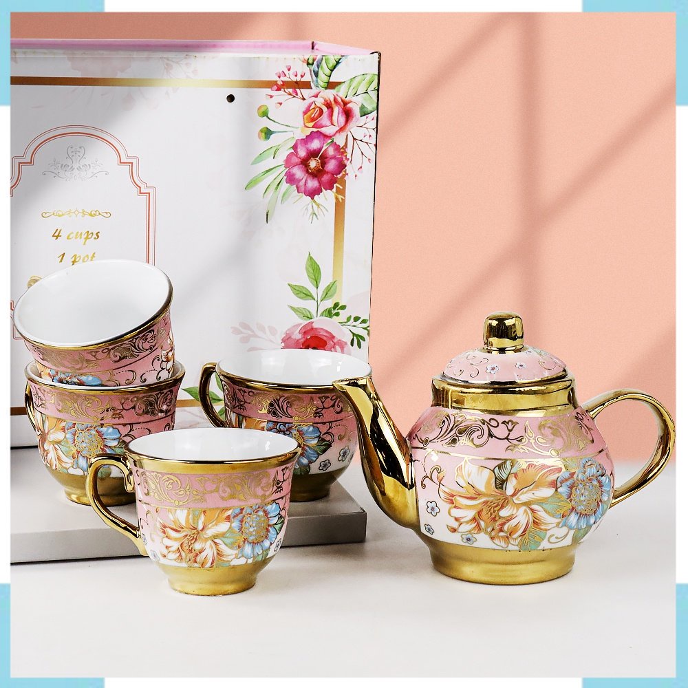 Spesial & Termurah SUNFILI Cangkir Teko Keramik Set 4 Cups 1 Pot European Style - B140 - Rose Gold S