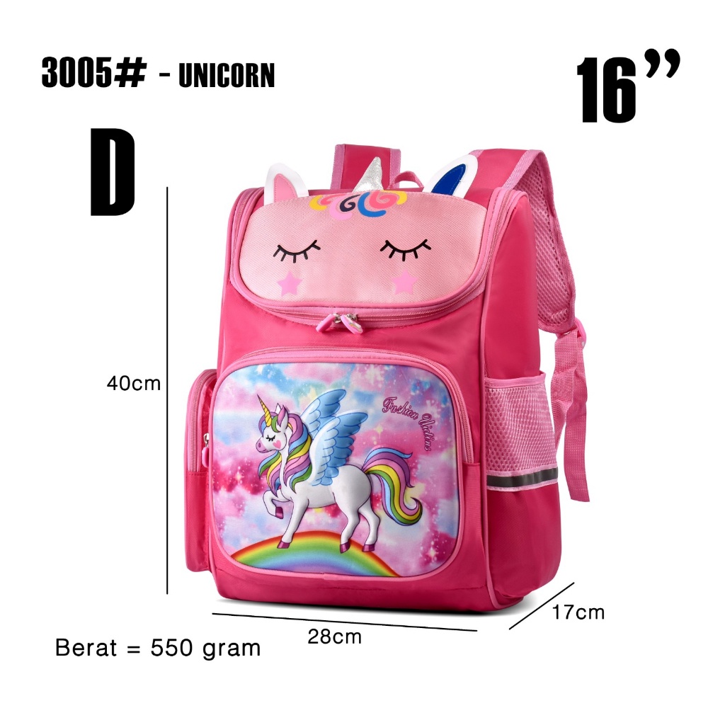 (RF) Tas Ransel Anak Unicorn 3D Cartoon 3005 16 Inch SD Tas Sekolah Timbul Double Decker Import Ransel Perempuan Tas Anak Cewek