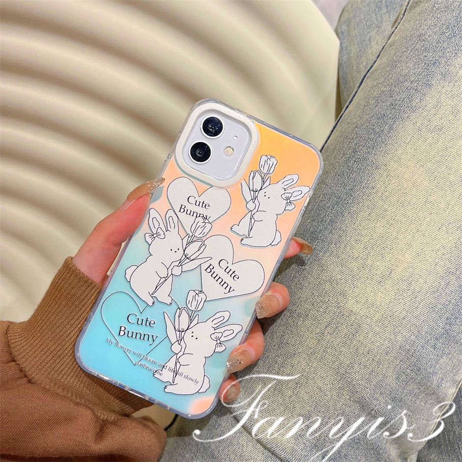 Compatible For IPhone 14 13 12 11 Pro Max X XR Xs Max 8 7 Plus SE 2020 Kompatibel Untuk Cute Sweet Little Rabbit Bunny IMD Laser Gradient Phone Case TPU Lembut Shockproof Cover Pelindung