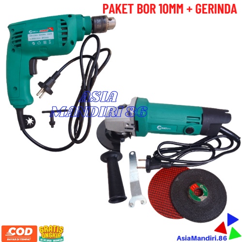 COD AMANAH!! PAKET GERINDA + BOR 10MM VARIABLE SPEED / GERINDA TANGAN / MESIN BOR BOLAK BALIK
