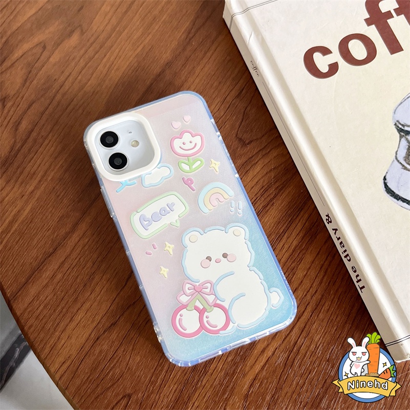 IPHONE Casing Hard Case Bening Tahan Guncangan Mewah Kompatibel Untuk Iphone14 13 12 11 Pro Max X Xr Xs Max8 7 6 Plus SE Kartun Beruang Lucu Casing Ponsel Laser Akrilik Lapisan Ganda Armor Cover Pelindung