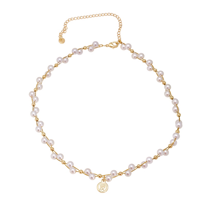 Yeezii Kalung Liontin Koin Potret Emas Untuk Wanita Mutiara Beads Twist Choker Perhiasan Aksesoris