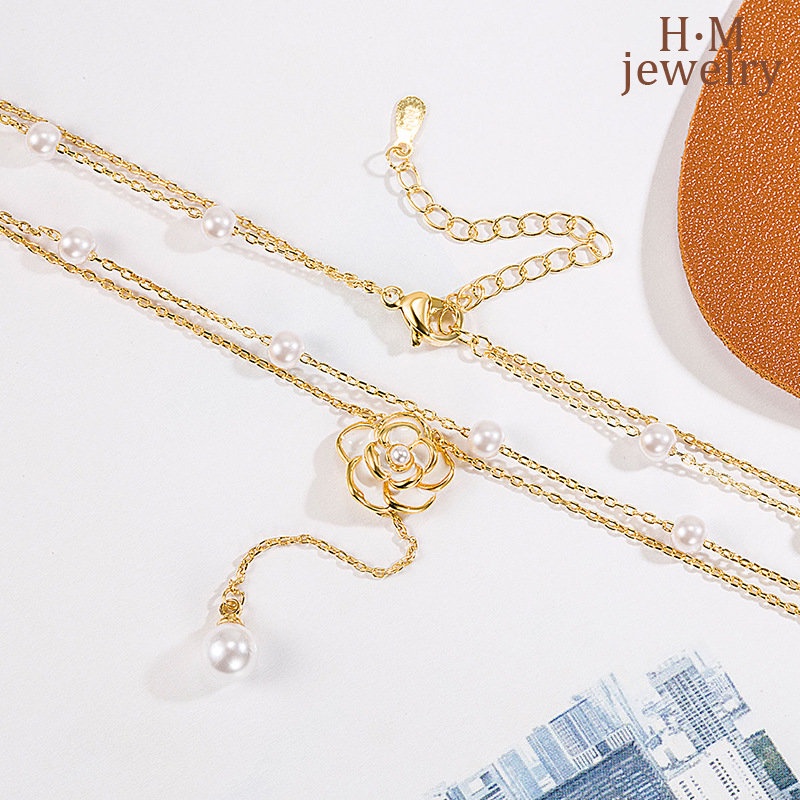 S925 Perak Baru Camelia Mutiara Kalung Rumbai Double Layer Twin Ornament