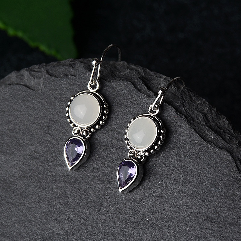 Goldkingdom Aksesoris Perhiasan Fashion Ready Stock Vintage Perak Thai Moonstone Earrings Drop Pear-Berbentuk Amethyst