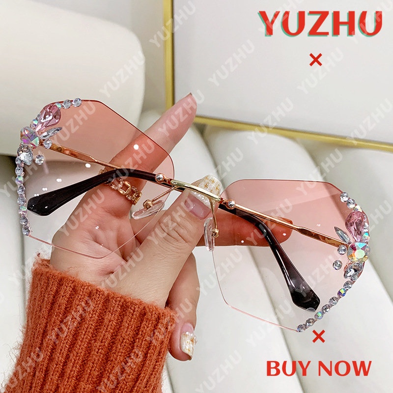 (YUZHU) Korean Fashion Oversized Rimless Sunglasses Metal Diamond Kacamata Hitam Anti UV Untuk Wanita