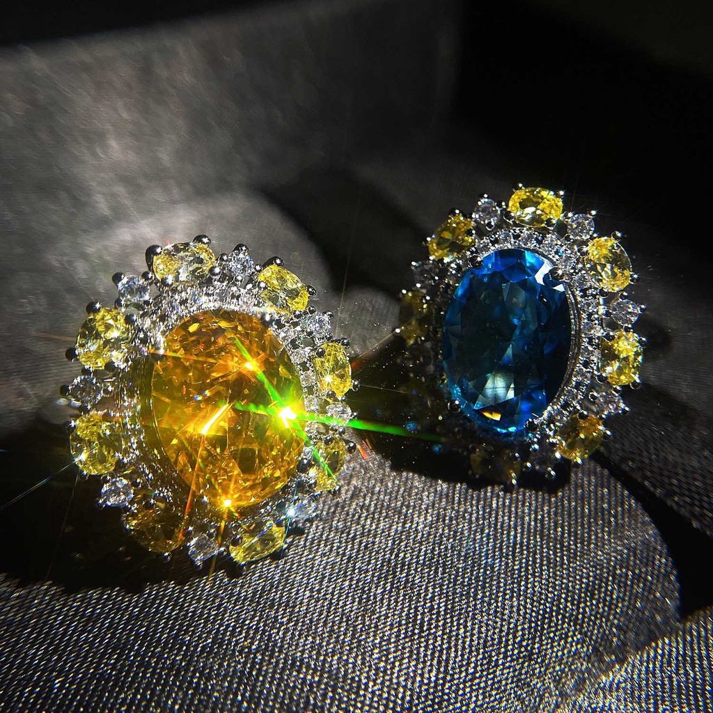 Goldkingdom Aksesoris Perhiasan Fashion Ready Stock Ascut Berlian Kuning Cincin Terbuka Telur Angsa Laut Biru Berlian Wanita Ring