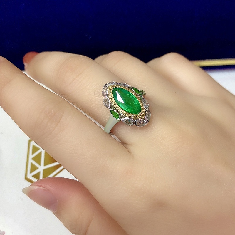 Goldkingdom Aksesoris Perhiasan Fashion Ready Stock Cincin Zamrud Cincin Terbuka Permata Marquise Dua Warna Yang Mewah, Isi Berlian