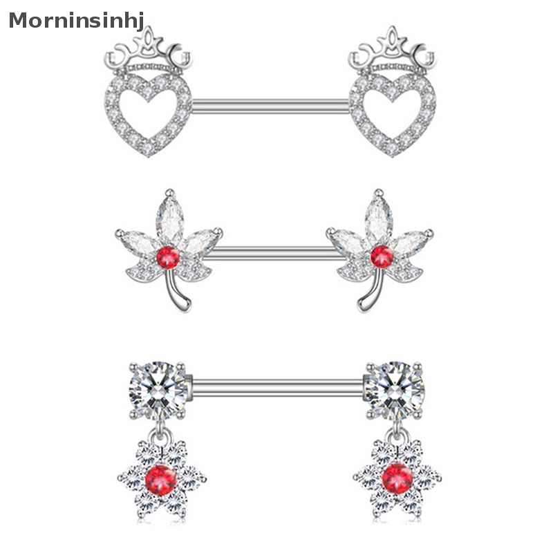 Mornin 1Pcs Fashion Bunga Puting Kristal Jantung Nipple Barbel Nipple Rings Perhiasan Tubuh Untuk Wanita id