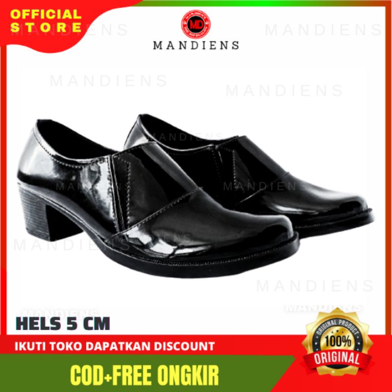 Mandiens  Sepatu Pantofel Kerja Wanita Semi Boot - Sepatu Pdh Polwan Halfboot Kilap Elastis Hak 3,5,7cm  Sepatu Kowad  Bhayangkari Persit - Sepatu Heels Wanita