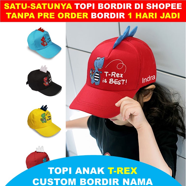 Topi Anak Dino T-Rex / Topi Dinosaurus Anak Baseball Bordir Nama Custom 1 Hari Tanpa PO