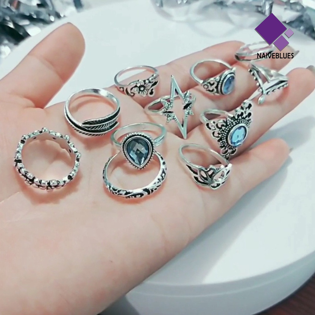 &lt; Naiveblues &gt; 11Pcs Wanita Retro Berongga Berlian Imitasi Knuckle Midi Finger Tip Joint Ring