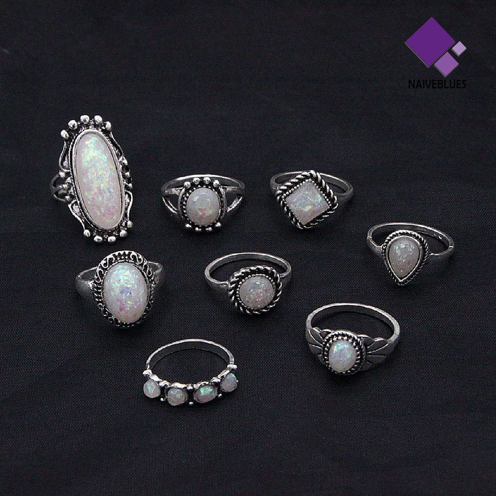 &lt; Naiveblues &gt; 8Pcs/Set Cincin Buku Jari Dapat Ditumpuk Persegi Warna Silver Gaya Etnik Permata Jari Perhiasan Aksesori