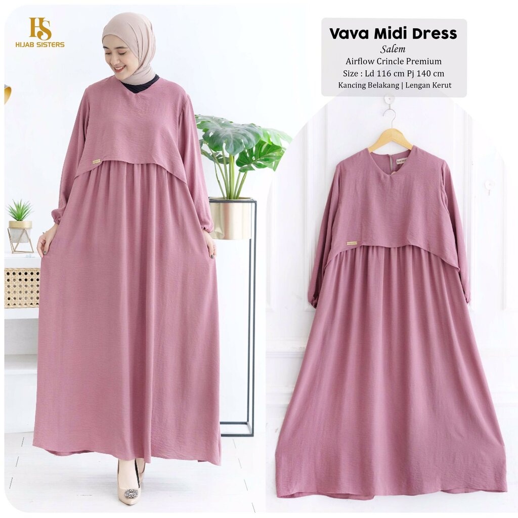 VAVA Midi Dress ORI HIJAB SISTER | Gamis Crinkle Airflow Premium Polos LD 115