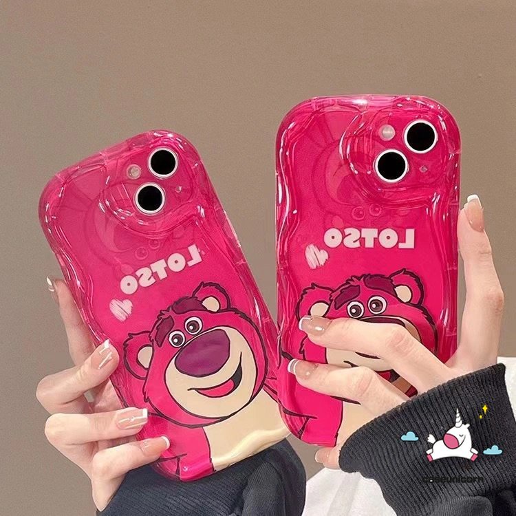 IPHONE Casing Ponsel Tepi Melengkung Bergelombang Kreatif 3D Kompatibel Untuk Iphone11 14 12 13 Pro Max XR X7 8 6s 6 Plus XS Max SE 2020 Kartun Beruang Strawberry Lucu Manyo Shockproof Soft Glossy Cover