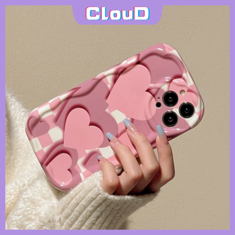 Casing 3D Wavy Curved Edge Gradient Love Heart Kompatibel Untuk iPhone 7Plus 14 11 13 12 Pro Max XR 76 8 6s Plus X XS Max SE 2020 Motif Kotak-Kotak Shockproof Glossy Soft Cover