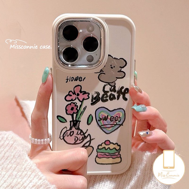 Graffiti Love Heart Soft Phone Case Kompatibel Untuk IPhone 7Plus XR 87 Plus X11 13 14 12 Pro Max 8Plus XS Max Beruang Lucu Hamburger Bunga Logam Bingkai Lensa Cover
