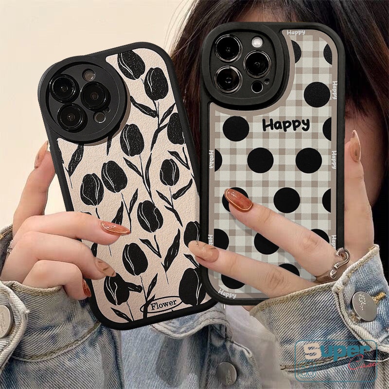 Retro Bunga Tulip Casing Ponsel Kompatibel Untuk IPhone XR 11 13 14 12 Pro Max 7Plus X XS Max 76 8 6s Plus SE 2020 Vintage Kisi Titik Gelombang Shockproof Lembut Silicone Cover