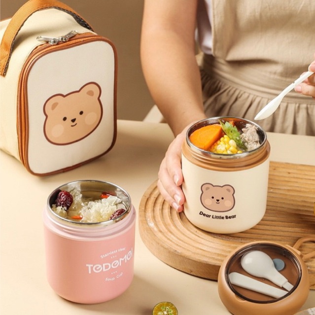 JOLINEOFFICIAL TERMOS SOUP MINI THERMAL STAINLESS STEEL 304 / TERMOS BUBUR SUP TAHAN PANAS / TEMPAT MAKANAN BAYI / BEKAL MAKANAN ANAK / BEAR SOUP CUP / CANGKIR SARAPAN / SUP KOREA DENGAN TUTUP SENDOK CANGKIR OATMEAL PORTABLE 530ML / CANGKIR SUP PORTBALE