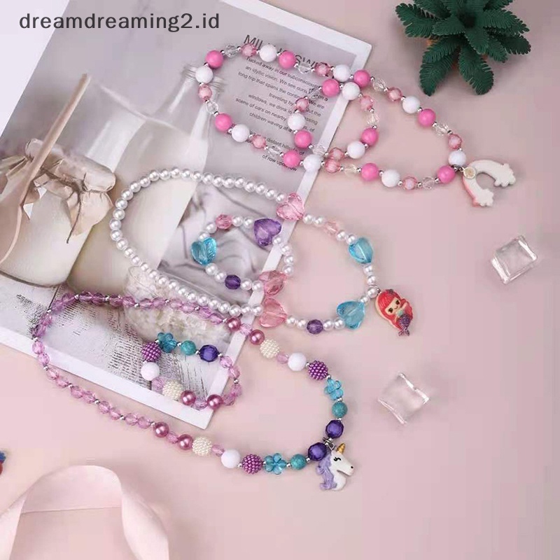 (drea) 1set Lucu Kartun Unicorn Hujan Kalung Gelang Untuk Gadis Lucu Liontin Aksesoris Fashion Mermaid Princess Perhiasan//