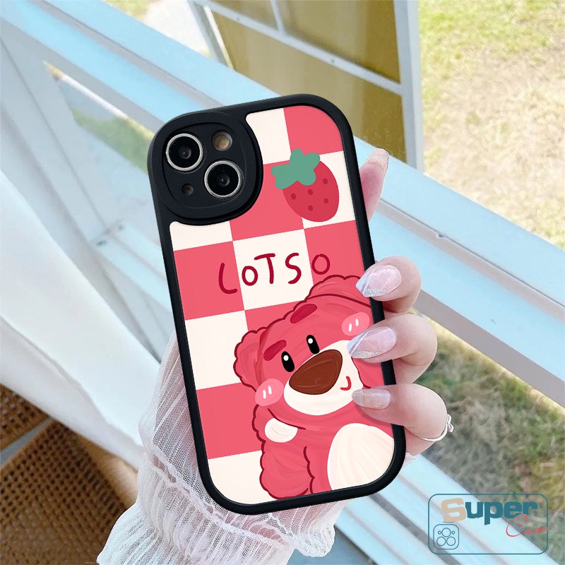 Kartun Lovely Strawberry Bear Lattice Case Kompatibel Untuk IPhone 7Plus XR 11 Pro Max 8Plus X XS Max 7 6s 86 Plus 13 14 12 Pro Max SE 2020 Lucu Manyo TPU Lembut Penutup Belakang