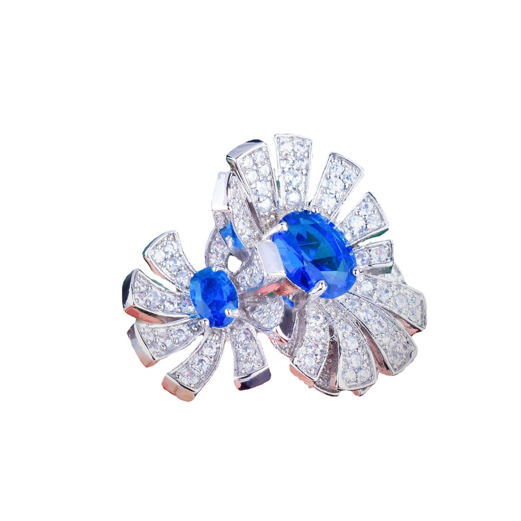 Goldkingdom Aksesoris Perhiasan Fashion Ready Stock Mewah Bunga Berlian Permata Biru Cincin Double Flower Colorful Ring