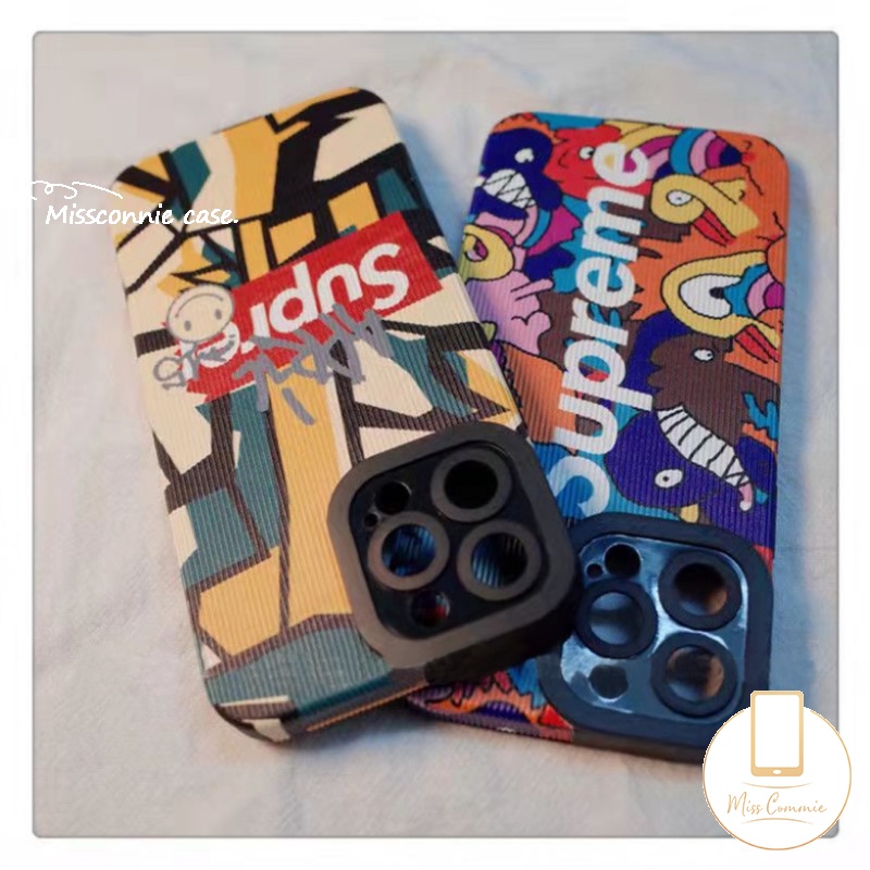 Trendy Merek Supre.me Case Kompatibel Untuk iPhone 7Plus 11 14 13 12 Pro MAX XR 78 Plus X XS MAX Kartun Lucu Graffiti Lembut Tpu Silicon Shockproof Mewah Tekstur Kulit Cover